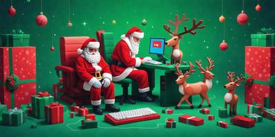 Primary subject: Santa Claus and reindeer
Setting/background: A green background with Christmas decorations
Visual style: Digital art
Colors and mood: Green, red, and white, festive and joyful